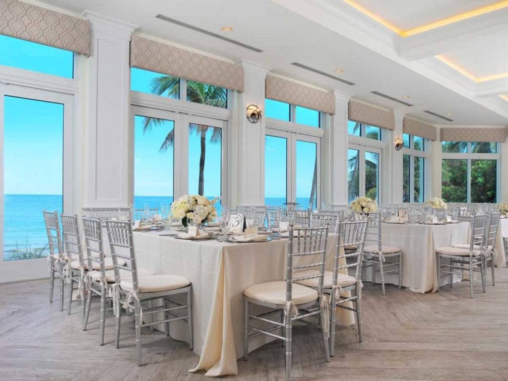 A wedding reception in the ballroom.