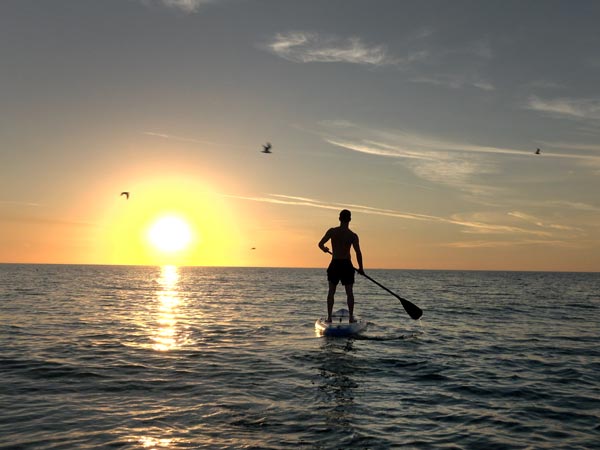 Paddleboarding In The Ocean At Sunset.