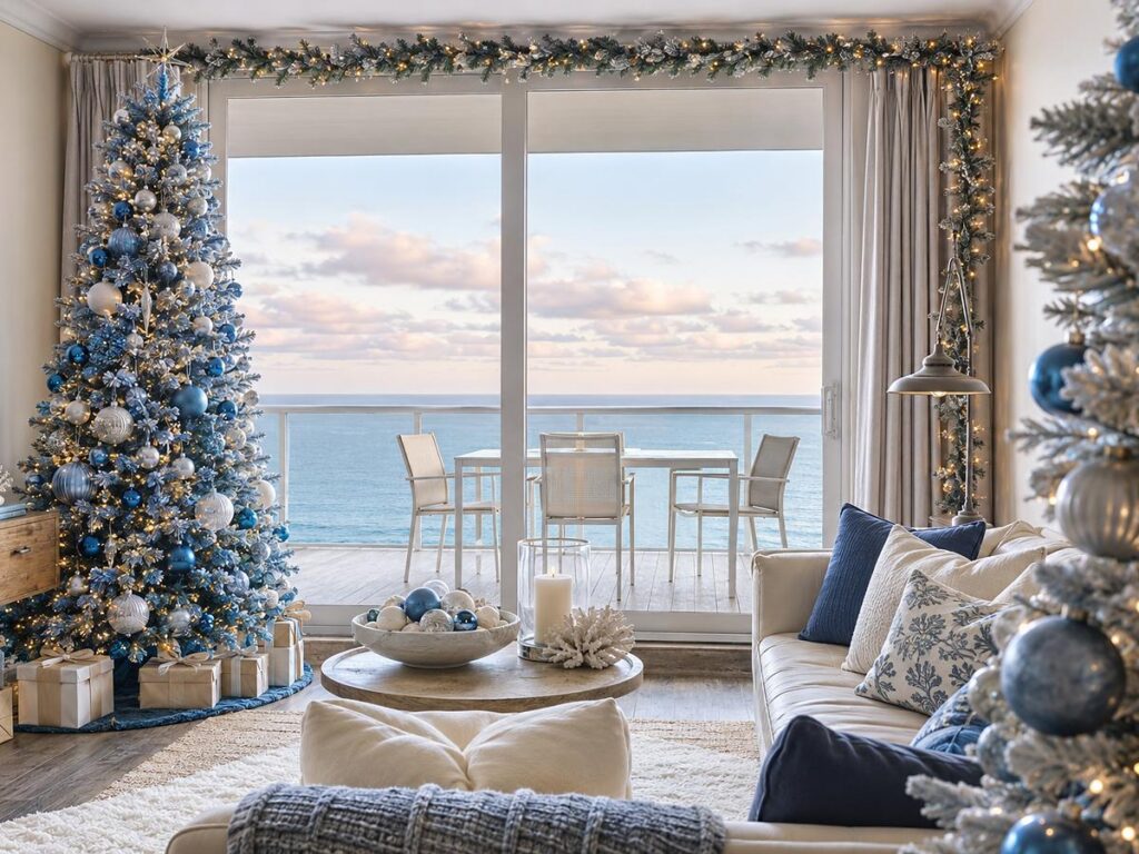 Coastal blue and silver Christmas trees decorating an oceanfront suite with balcony ocean views at Pelican Grand Beach Resort in Fort Lauderdale, Florida